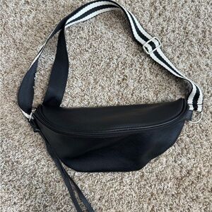 Black Leather Crossbody Bag with Striped Strap